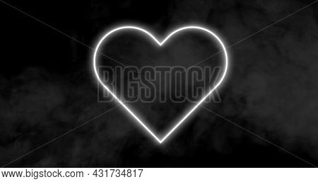 Image of a white heart neon sign with clouds of smoke on black background 4k