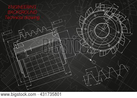 Mechanical Engineering Drawings On Black Background. Cutting Tools, Milling Cutter. Technical Design