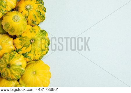 Fresh Ripe Pattypan Squashes On Light Background, Flat Lay. Space For Text