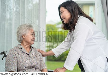 Doctor Help And Care Asian Senior Or Elderly Old Lady Woman Patient Sitting On Wheelchair At Nursing