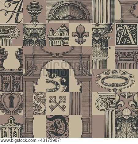 Abstract Seamless Pattern With Hand-drawn Architectural Fragments In Vintage Style. Repeating Vector