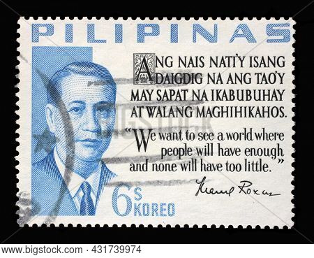 ZAGREB, CROATIA - SEPTEMBER 18, 2014: Stamp printed in Philippines shows president Manuel Roxas (1892-1948), circa 1963