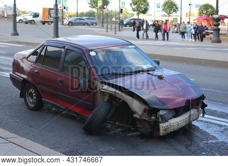 A Broken Red Car On The Street, Dvortsovy Proezd, St. Petersburg, Russia, September 2021