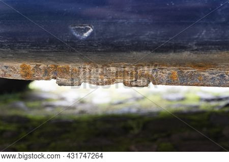 Rusty And Dirty Old Body Car Threshold Damaged By Corrosion. Lack Of Anticorrosion Treatment, Conseq