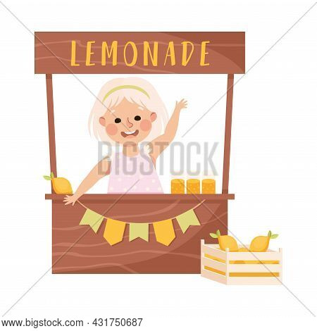 Little Blond Girl In Her Childhood At Counter Selling Lemonade Vector Illustration