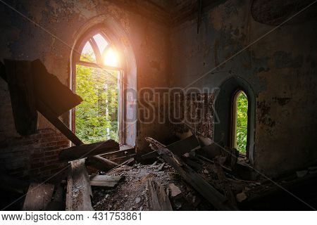 Inside Old Ruined Abandoned Historical Mansion In Gothic Style