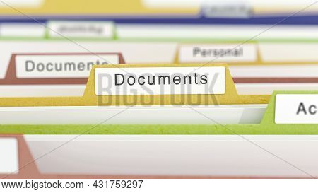 Documents Word On A Folder In A File Cabinet. Concept Of Search For Financial Documents. 3d Renderin