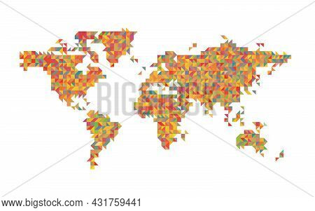 World Map Mosaic Of Small Traingles. Colorful Rainbow Spectrum Vector Illustration.