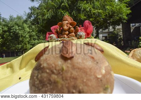 Selective Focus Of Beautiful Lord Ganesha Idol On Background Worshipped During Ganesh Chaturthi Fest