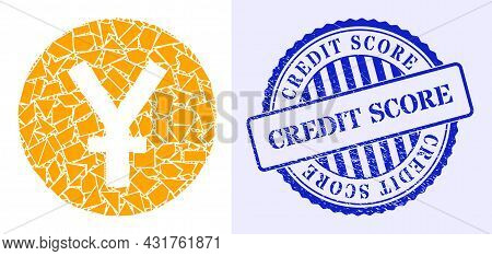 Fraction Mosaic Yuan Coin Icon, And Blue Round Credit Score Grunge Stamp Seal With Word Inside Round