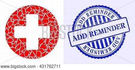 Debris Mosaic Medicine Icon, And Blue Round Add Reminder Rough Stamp With Caption Inside Circle Shap