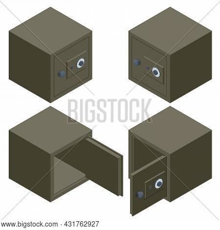 Isometric Set Of Security Metal Safes Isolated On White Background. Safe And Financial Security. Met