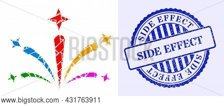 Shatter Mosaic Salute Fireworks Icon, And Blue Round Side Effect Grunge Badge With Word Inside Round