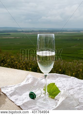 Glass Of White Brut Blanc De Blancs Champagne Wine And Examples Of Vineyard Soils, White Chalk Stone