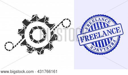 Debris Mosaic Cog Solution Icon, And Blue Round Freelance Unclean Stamp With Text Inside Round Form.