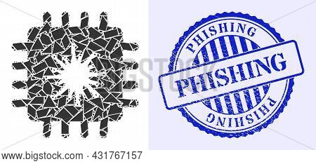 Shard Mosaic Infected Chip Icon, And Blue Round Phishing Grunge Watermark With Word Inside Round For