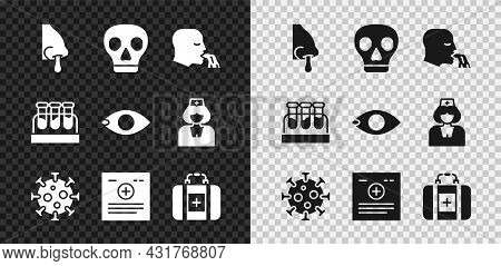 Set Runny Nose, Skull, Vomiting Man, Virus, Clinical Record, First Aid Kit, Test Tube With Blood And