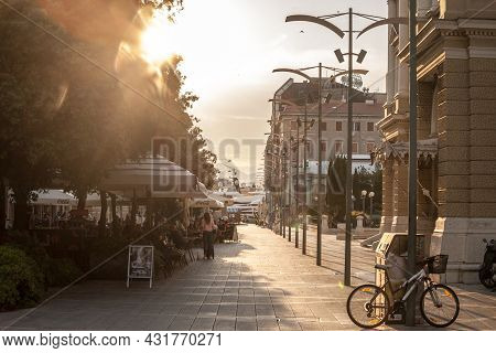 Rijeka, Croatia - June 17, 2021: Crowd Of People Sitting At Terraces On Verdijeva Ulica, A Pedestria