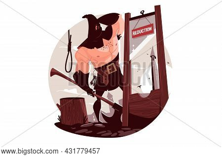Medieval Man Executioner Vector Illustration. Male With Sharp Steel Axe Flat Style. Wooden Construct