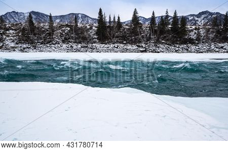 View Of River Katun And Altay Mountains In The Winter, Siberia, Russia