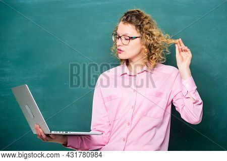 School Teacher Notebook Chalkboard Background. Informatics And Programming. Girl Surfing Internet. S