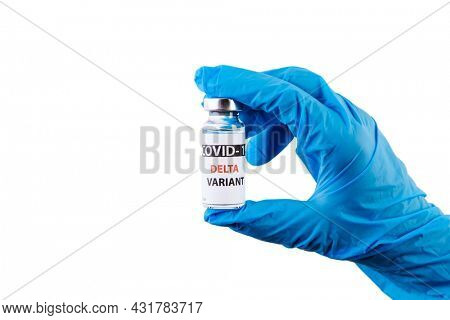 Vaccine bottles covid - 19 delta variant, vials medicine and syringe injection isolated on white. Coronavirus DELTA 2019-ncov.