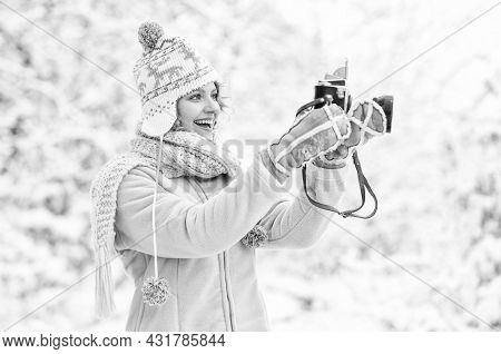 Holidays Concept. Capturing Winter. Take Stunning Winter Photos. Winter Hobby. Woman Photographer. I