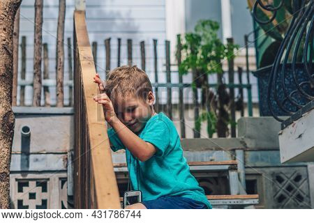 Copy Space Lifestyle Funny Photo Little Boy Move Sit Wood Stairs Outside Handrails, Look For Smile F