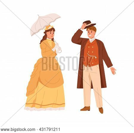American Man And Woman Of 19th Century. Noble People In Vintage Clothes. Gentleman With Hat Off Gree