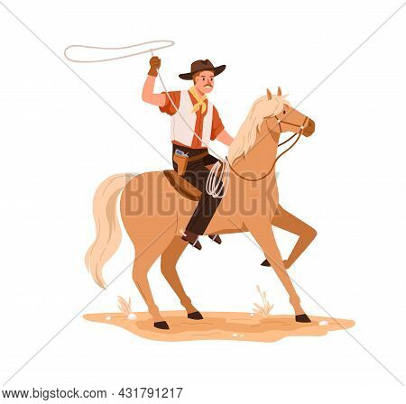Western Cowboy In Hat Riding Horseback. Wild West Horseman On Horse Back With Lasso In Hand. America
