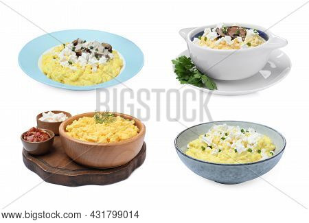 Set With Delicious Traditional Banosh On White Background