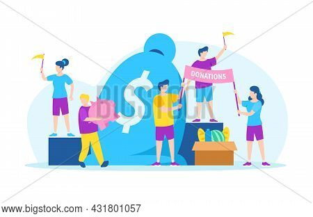 Donate Money With Charity, Volunteer Aid, Vector Illustration. Man Woman Character Giving Finan Ial 