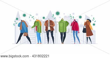 Cold Sickness Season, Vector Illustration. Ill Man Woman People Character At Street, Virus Disease B
