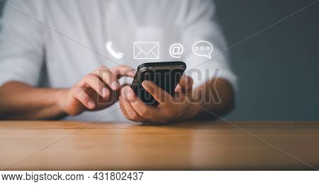 Customer Support Hotline Contact Us People Connection. Businessman Using Smart Phone With The Email,