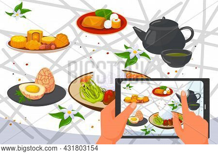 Asian Chinese Traditional Food Photo At Smartphone, Vector Illustration. Bowl With Japanese Cuisine,