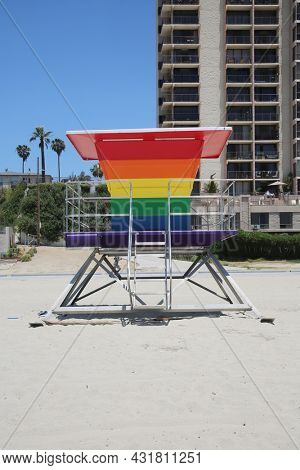 LONG BEACH, California - July 5, 2021: Gay Pride Lifeguard Tower. The rainbow-colored lifeguard tower supports the LGBTQ community. 