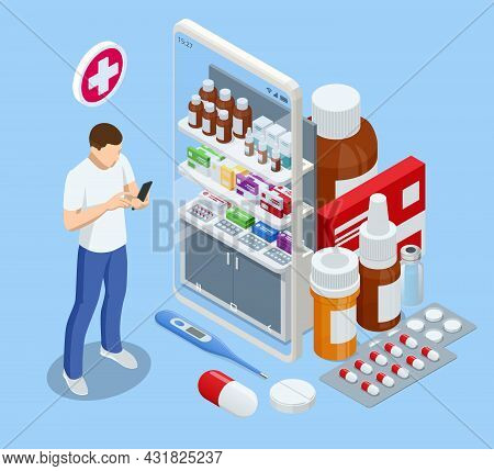 Isomtric Buy Medicaments And Drugs Online. Healthcare Online Pharmacy App. Concept Online Drugstore.