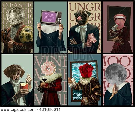 Creative Collage Made Of Portraits Of Model Like Medieval Royalty Person In Vintage Clothing. Concep