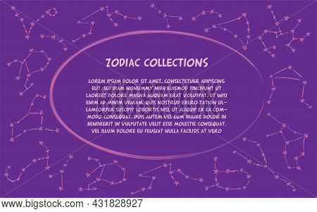 Patterns Of 12 Zodiac Signs. Vector Illustration Of The Horoscope Of The Constellation. Template For