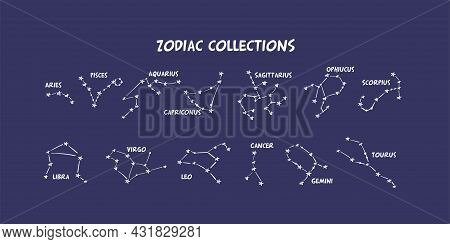 A Collection Of 12 Zodiac Signs With Names. Aries, Taurus, Leo, Gemini, Virgo, Scorpio, Libra, Aquar
