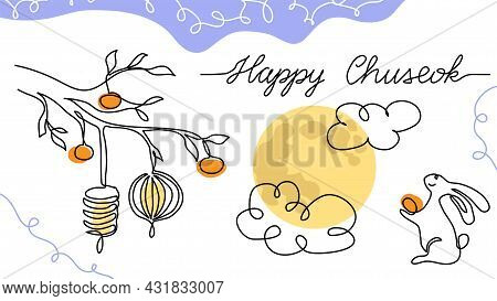 Happy Chuseok Simple Vector Poster, Banner, Background With Moon, Rabbit, Lantern, Persimmon. One Li