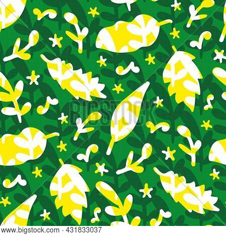 Naive Doodle Leaf Textured Seamless Vector Pattern Background. Green Yellow Backdrop With Falling Oa