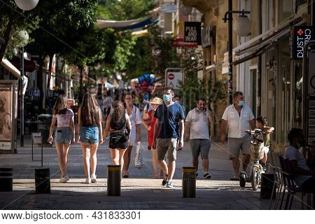 Nicosia, Cyprus- June 26, 2021: Crowd Of People In Face Masks At Ledra Street In Old Town Of Nicosia