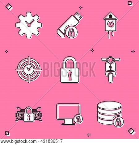 Set Time Management, Usb Flash Drive With Lock, Retro Wall Watch, , Lock And Electric Scooter Icon. 