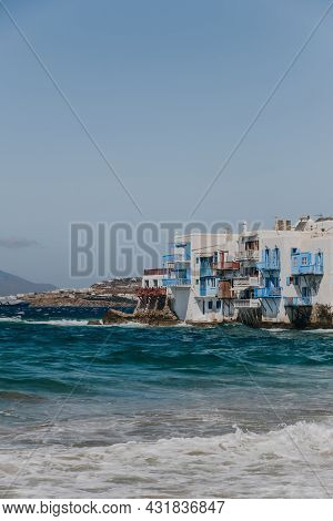 View Of The Old Houses In Little Venice, Hora (mykonos Town), Mykonos, Greece, Over The Augean Sea.