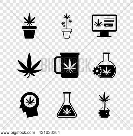 Set Marijuana Plant In Pot, Online Buying Marijuana, Head Profile With, Test Tube, Or Cannabis Leaf 