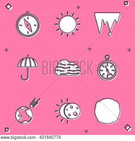 Set Compass, Sun, Icicle, Umbrella, Fog And Cloud, Comet Falling Down Fast And Eclipse Of The Sun Ic