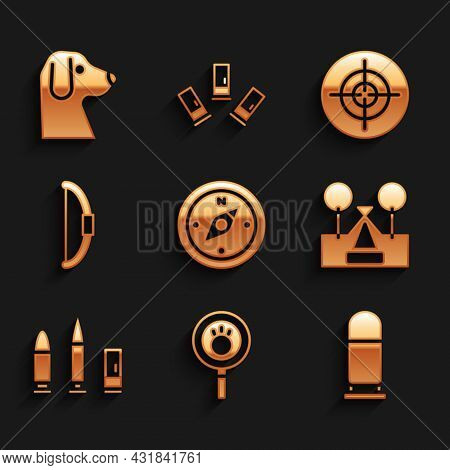 Set Compass, Paw Search, Bullet, Tourist Tent, And Cartridge, Bow, Target Sport And Dog Icon. Vector