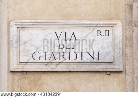 Marble Plate With Street Name Via Del Parlamento- Engl: Parliament Street - At The Wall In Rome, Ita