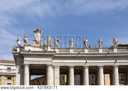 View To The Colonnades At St. Peter's Square In The Vatican, Rome, Italy With Inscription Alexan - E
